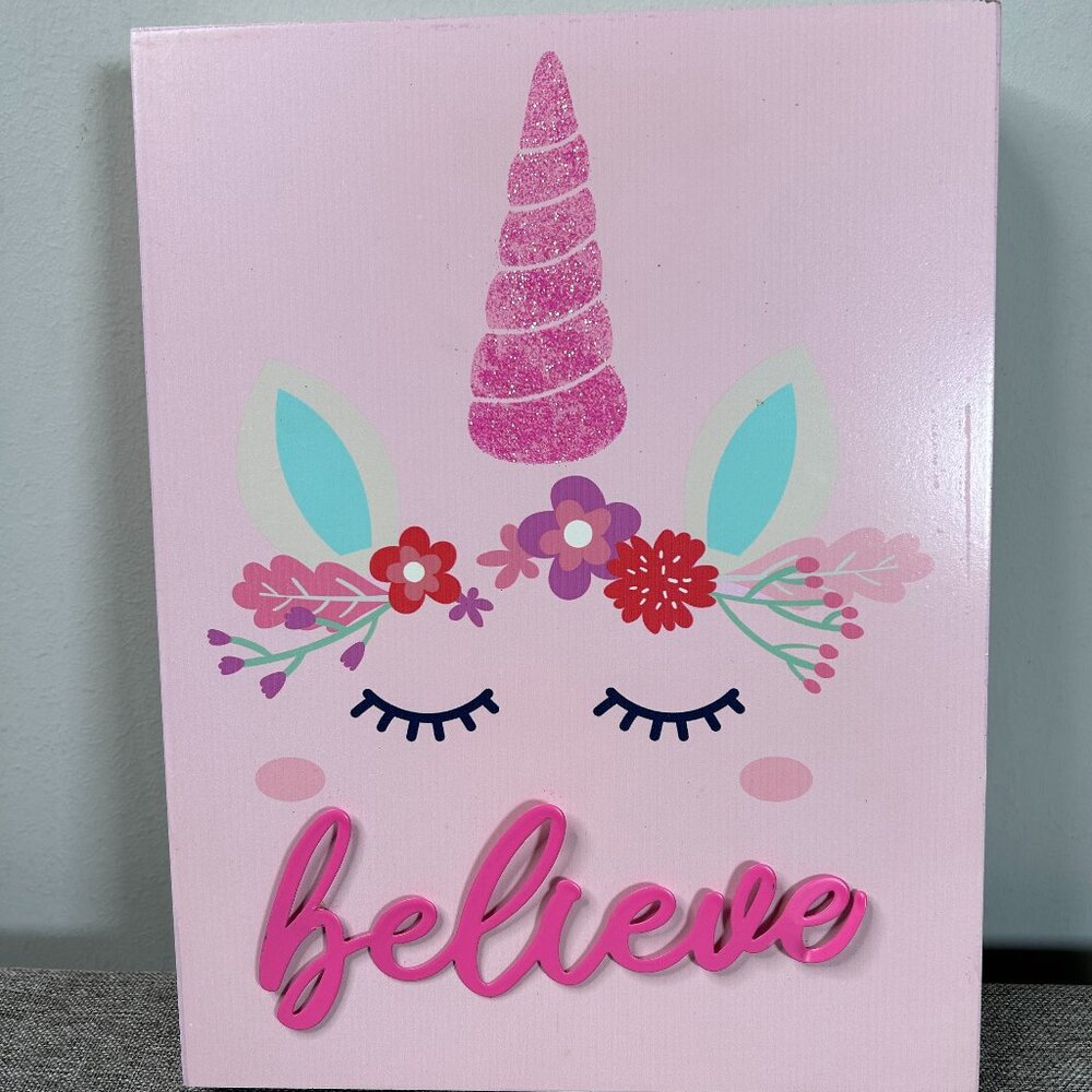 Pink Unicorn "Believe" Wall Art Home Bedroom Decor Wooden Frame 9" x 12"